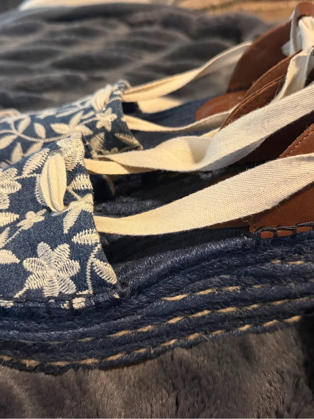 Vince Camuto Navy Blue Floral Espadrille with Cream Tie Ribbons